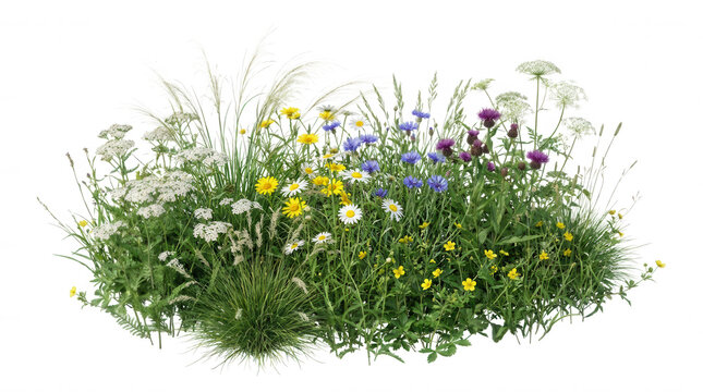 Diverse wildflower patch with white yellow blue purple blooms isolated on a transparent background