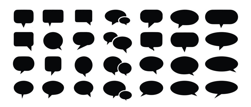 Big set of black speech bubbles. Collection of speech balloons, chat bubbles, and dialog boxes on white background. 