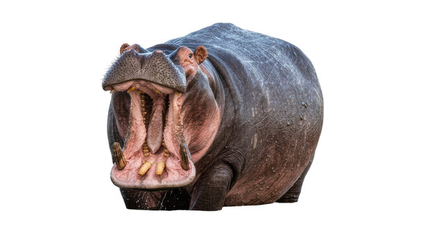 Massive hippopotamus showing its large mouth and tusks, isolated on transparent background