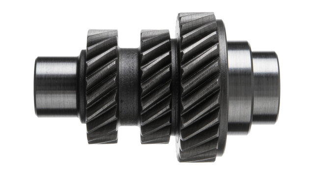 Metal helical gears on shaft, isolated on transparent background