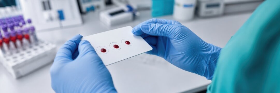 Gloved hands holding dried blood spot sample card in clinical laboratory setting