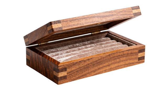 Handcrafted wooden jewelry box with velvet lining, isolated on transparent background
