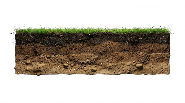 Cross section of soil layers with green grass and roots isolated on a transparent background