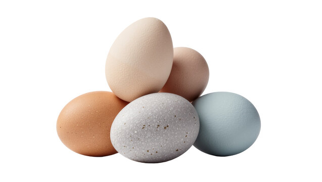Assortment of five farm fresh eggs in various natural colors, isolated on transparent background