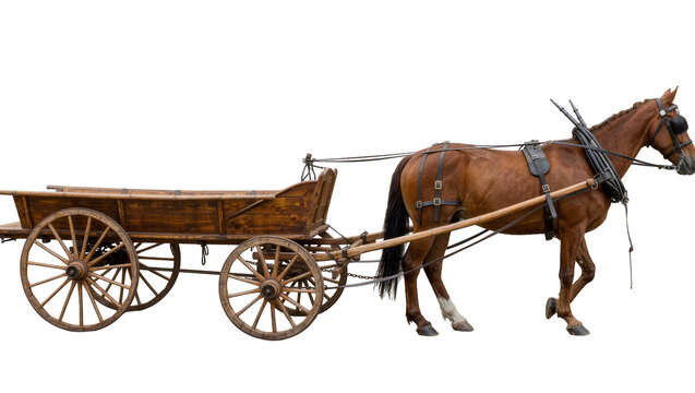 Brown horse pulling a wooden cart, isolated on transparent background
