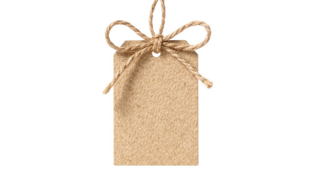 Blank kraft paper price tag with jute twine bow, isolated on transparent background