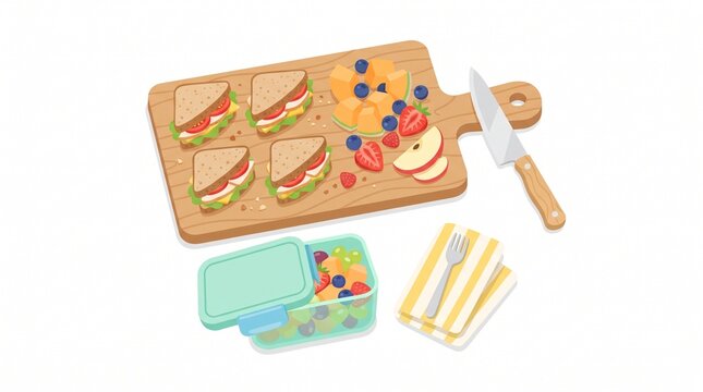 A healthy lunch spread with sandwiches, fresh fruit, and a lunchbox, ready for a delicious meal