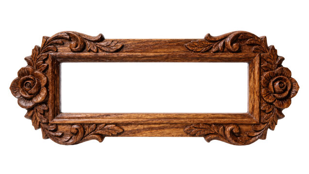Ornate carved wooden rectangular frame with floral motifs, isolated on transparent background