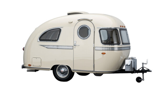 Retro cream teardrop travel trailer with chrome accents, isolated on transparent background