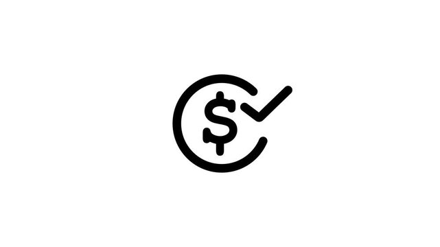 Dollar sign icon animation, black color dollar currency finance with checkmark on white background. Modern currency icon, USD sign minimal digital finance concept, futuristic money symbol.