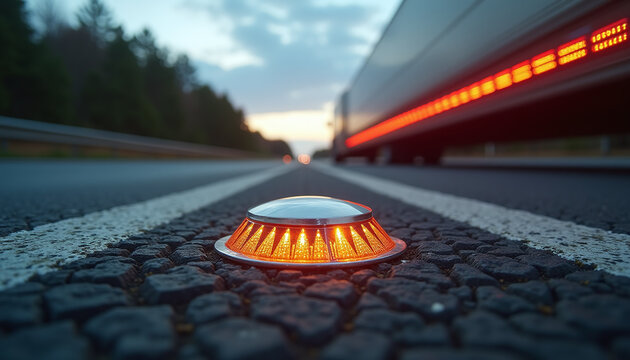Macro of a glowing amber road stud with the motion blur of a speeding vehicle passing.