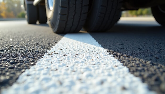 Macro of a heavy treaded vehicle tire stopped perfectly behind a thick white road line.