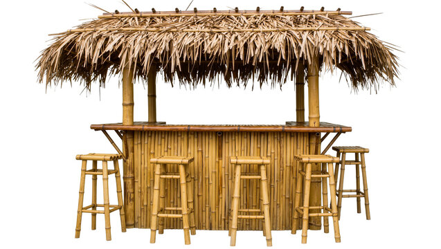 Bamboo tiki bar with thatched roof and stools, isolated on transparent background
