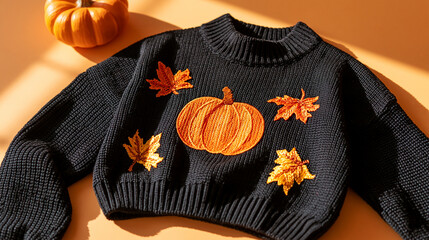Obraz premium Black sweater with orange pumpkin and autumn leaves design bright clean orange background soft natural light close up product composition seasonal knitwear styling playful autumn print