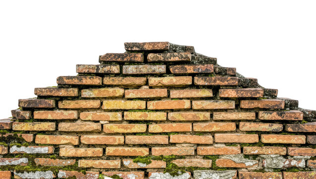 Weathered old brick wall with moss growth, isolated on transparent background