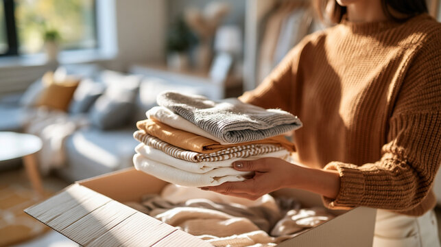 Rear view of woman organizing folded garments in open box beside wardrobe bright clean home interior soft natural daylight cropped composition household organization concept seasonal