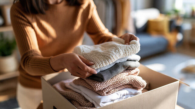 Rear view of woman organizing folded garments in open box beside wardrobe bright clean home interior soft natural daylight cropped composition household organization concept seasonal