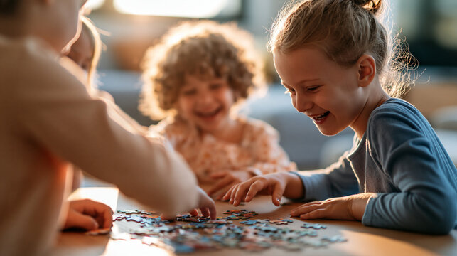 Rear view portrait of three sisters playing jigsaw puzzle game together at home bright clean living room soft natural daylight cropped composition colorful puzzle pieces on wooden