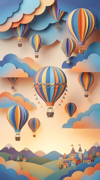 Colorful paper craft hot air balloons flying over a fantasy landscape