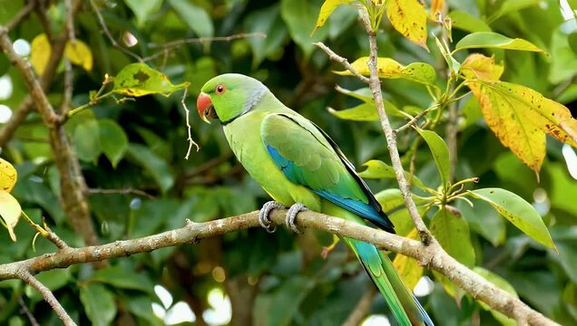 Vivid 4K Ultra HD natural wildlife clip depicting an exotic green parrot with a bright crimson beak perching and rocking on a tropical tree limb among dense emerald foliage in high wind