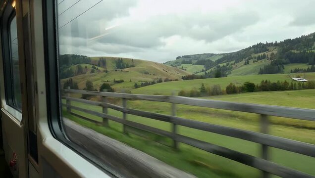 Dynamic 4K Ultra HD train window time-lapse sweeping past rolling green hills wooden cattle fences and dramatic cloud formations showcasing the constant motion of rural railway travel