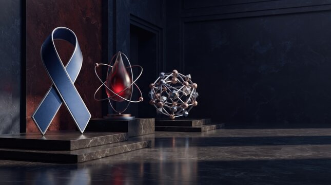 3d World Diabetes Day abstract background  design new 2026 Medical ribbon awareness symbol with atomic and molecular models on dark background illustration