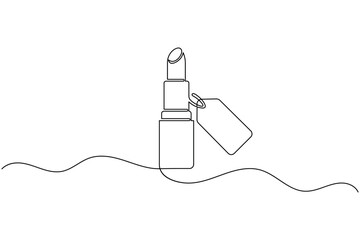 Obraz premium Lipstick with price tag icon continuous one line art beauty sale makeup offer outline vector illustration