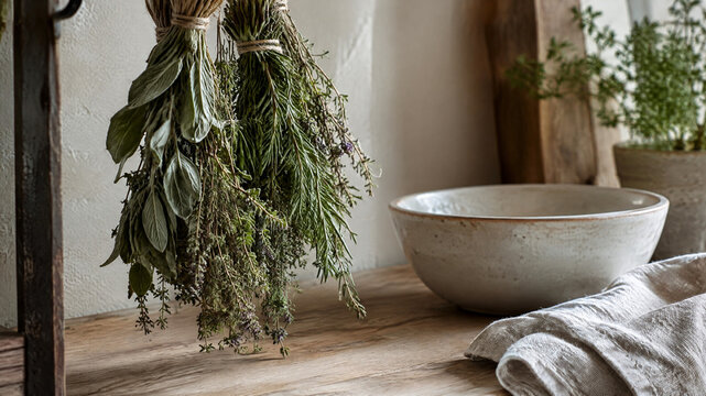 Rustic dried herbs hanging in a farmhouse kitchen, bundles of sage and rosemary on a wooden table, organic culinary ingredients in a wabi-sabi interior