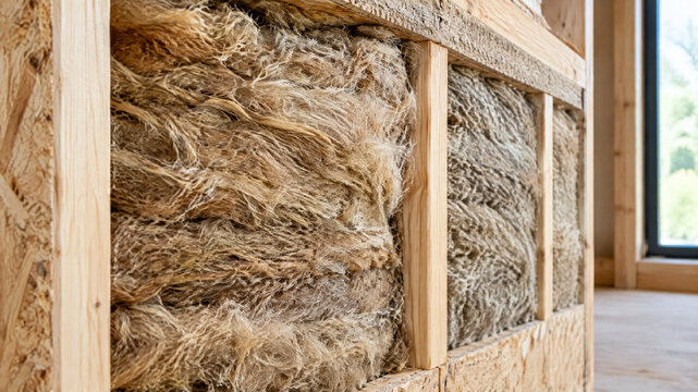 Natural hemp insulation in wooden frame, sustainable building materials for eco-friendly house construction, thermal hemp fiber insulation panels