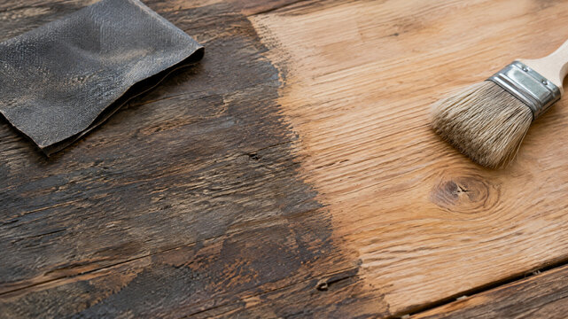 Rustic wood restoration process with sandpaper and brush, weathered timber surface being refinished, natural wood grain texture with dark stain
