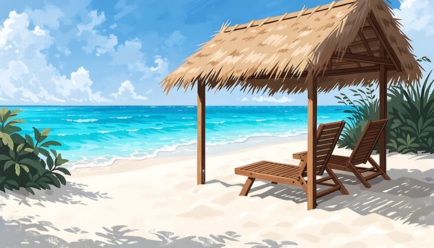 A serene tropical beach with wooden lounge chairs under a thatched roof hut