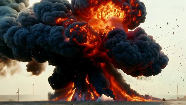 High-definition 4K stock video featuring a large realistic detonation with dark billowing smoke plumes viewed from the side on a transparent background perfect for compositing into dramatic action