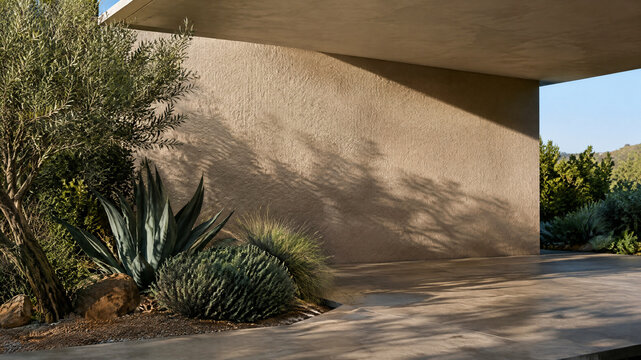 Minimalist desert architecture with concrete wall and plant shadows, modern brutalist exterior design, luxury villa patio with agave and olive tree