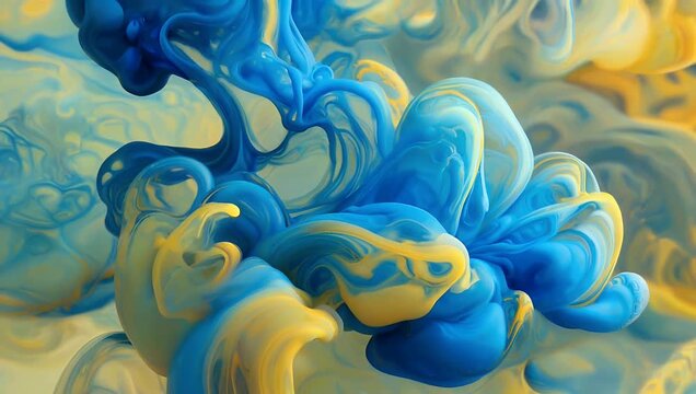 Mesmerizing 4K Ultra HD abstract art visual showing yellow and royal blue fluid ink swirling through clear water producing dynamic vapor waves and an ethereal cloud texture for high-end digital