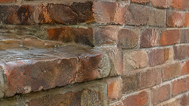 Rustic red brick stairs and weathered wall texture, vintage masonry architecture, close-up of aged clay brickwork steps for construction background