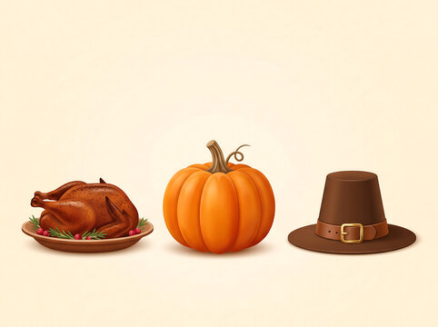 Thanksgiving elements illustration with turkey, pumpkin, pilgrim hat, and dreamcatcher on cream background