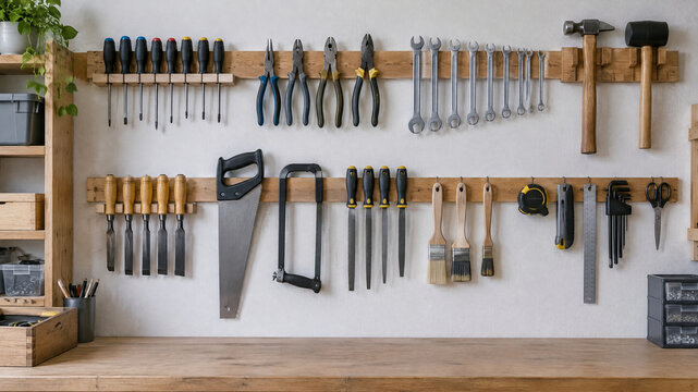 Organized workshop tool wall with hand tools on wooden racks, professional carpentry equipment storage, tidy garage workbench with manual tools