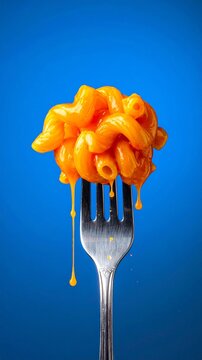 Macaroni and Cheese on Fork with Melting Cheddar Sauce on Blue Background