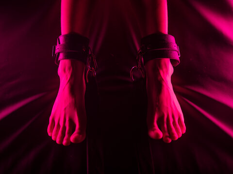 Women's legs in leather shackles. BDSM fetish.