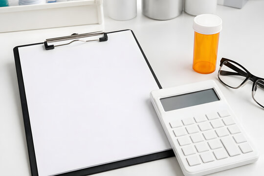 Clinic billing clipboard with blank calculator display and unlabelled bottle