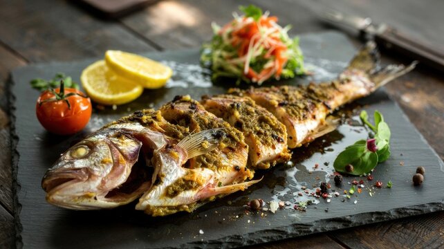 A dish of Dominican cuisine, Pescado con Coco, is a whole fried fish served with a fresh vegetable salad, lemon wedges, and a rich, spicy sauce based on coconut milk and sweet pepper.