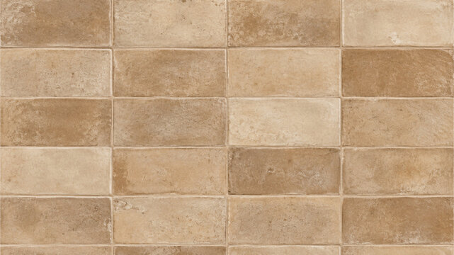 Rustic terracotta wall tiles texture, beige ceramic brick backsplash pattern, earthy clay tile background for kitchen and bathroom interior design