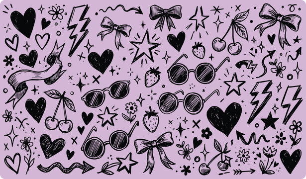 Cute aesthetic hand drawn doodle set with hearts sunglasses ribbons and cherries cute icons lightning bolts pattern elements graphic design doodle art pop art black ink aesthetic doo