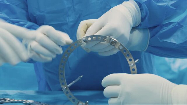 Gloved hands of surgical team assembling Ilizarov external fixator ring frame during orthopedic surgery