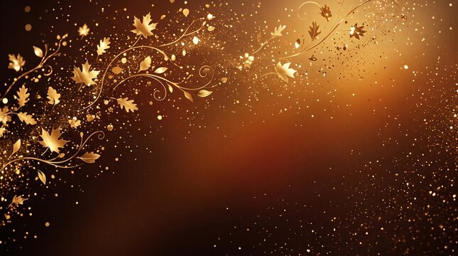 Elegant golden autumn leaves with sparkling bokeh and glitter on a warm bronze background
