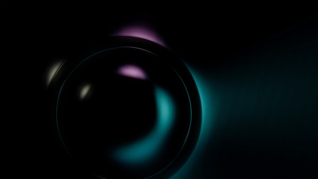 Dark glossy sphere lens with pink and teal glow in abstract minimal background wallpaper style design