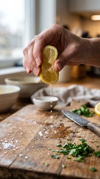Hand squeezing fresh lemon juice onto a rustic wooden cutting board with herbs and salt
