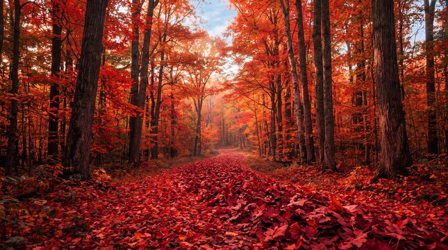 Scenic forest pathway covered with vibrant red fallen leaves in autumn
