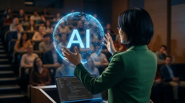 Female professor delivering AI technology keynote presentation in university auditorium, gesturing at futuristic hologram with computer code and machine learning concepts