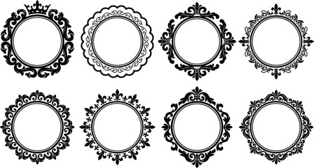 Black Vintage Round Frame Vector Set with Baroque Filigree Royal Crown Fleur De Lis and Rococo Circular Borders for Elegant Logo Designs © Md Shujan islam